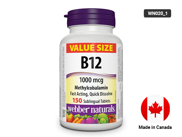 Webber Naturals B12 1000 mcg Methylcobalamin 150 Sublingual Tablets – high-potency vitamin B12 supplement for energy, nerve function, and red blood cell support.